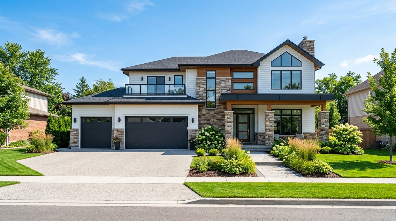 A clean house with white siding under a sunny sky